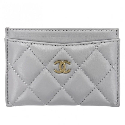 Chanel Card Case Quilted CC Logo Set Era Classic Holder Lambskin Gray Gold