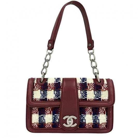 Chanel Shoulder Bag CC Logo Check Tweed Leather Red Silver
