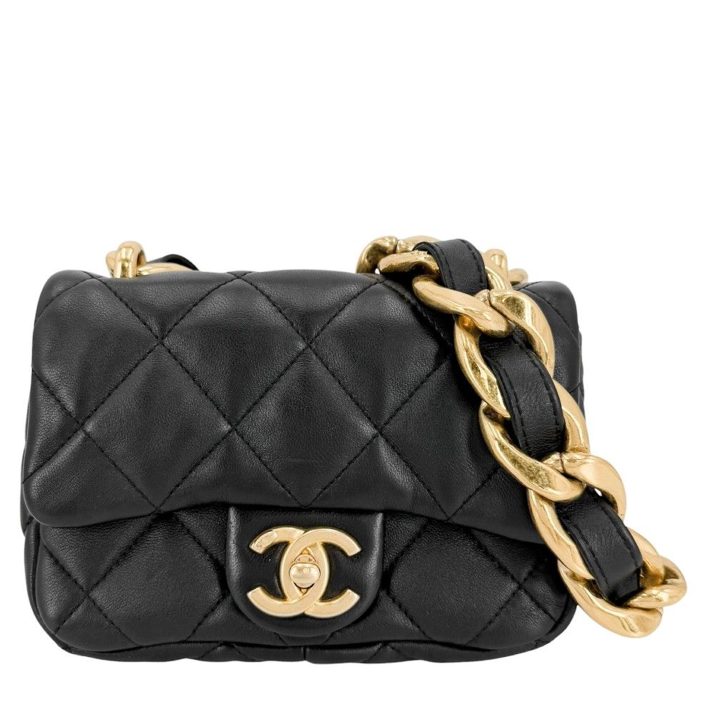 Chanel Shoulder Bag Quilted CC Logo Bag Chain Square Lambskin Black Gold