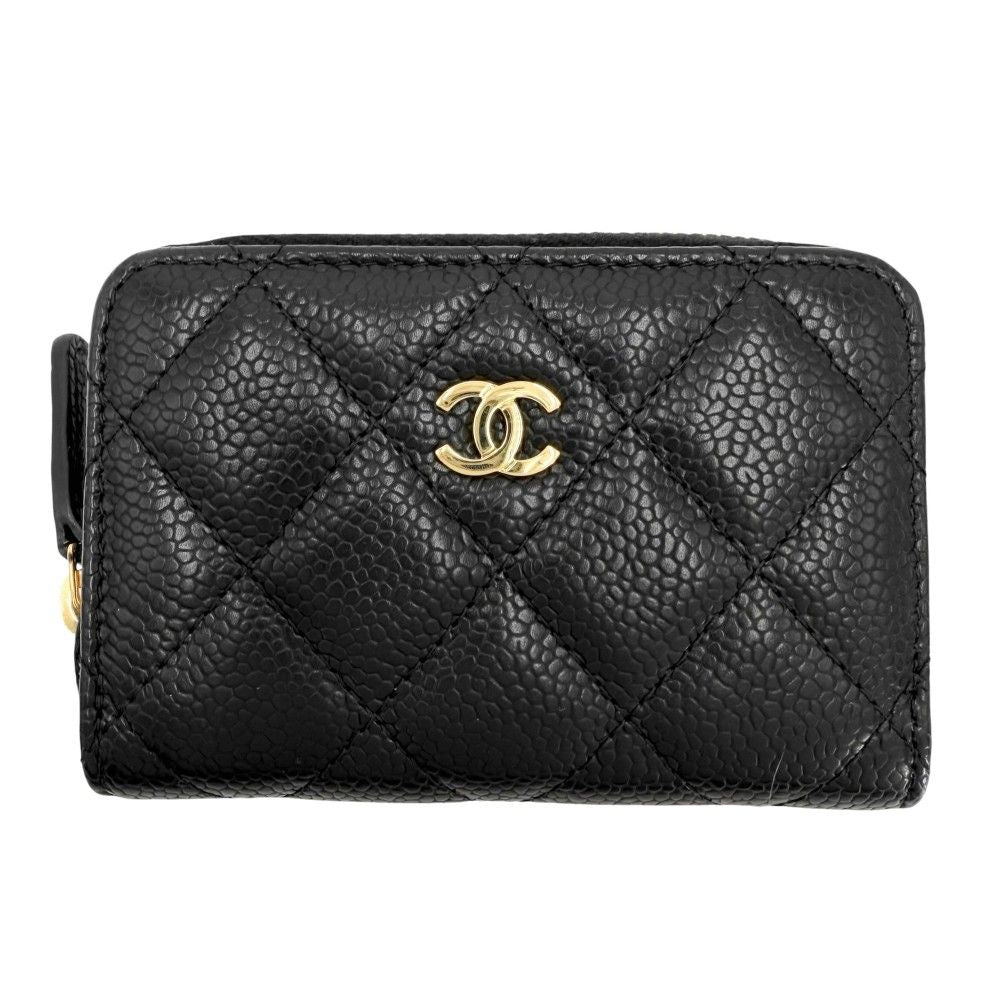 Chanel Coin Case Quilted Classic Zip Card CC Logo Purse Caviar Leather Black
