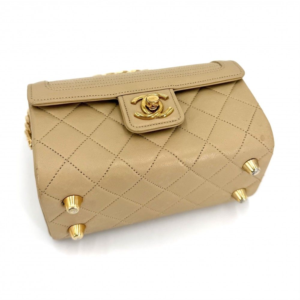 Chanel Boys Quilted Top Handle Mini Bag Vintage CC Logo Lambskin Beige Gold — view 3