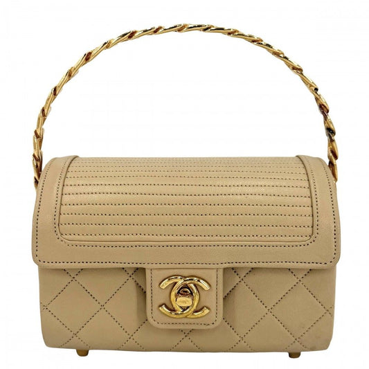 Chanel Boys Quilted Top Handle Mini Bag Vintage CC Logo Lambskin Beige Gold