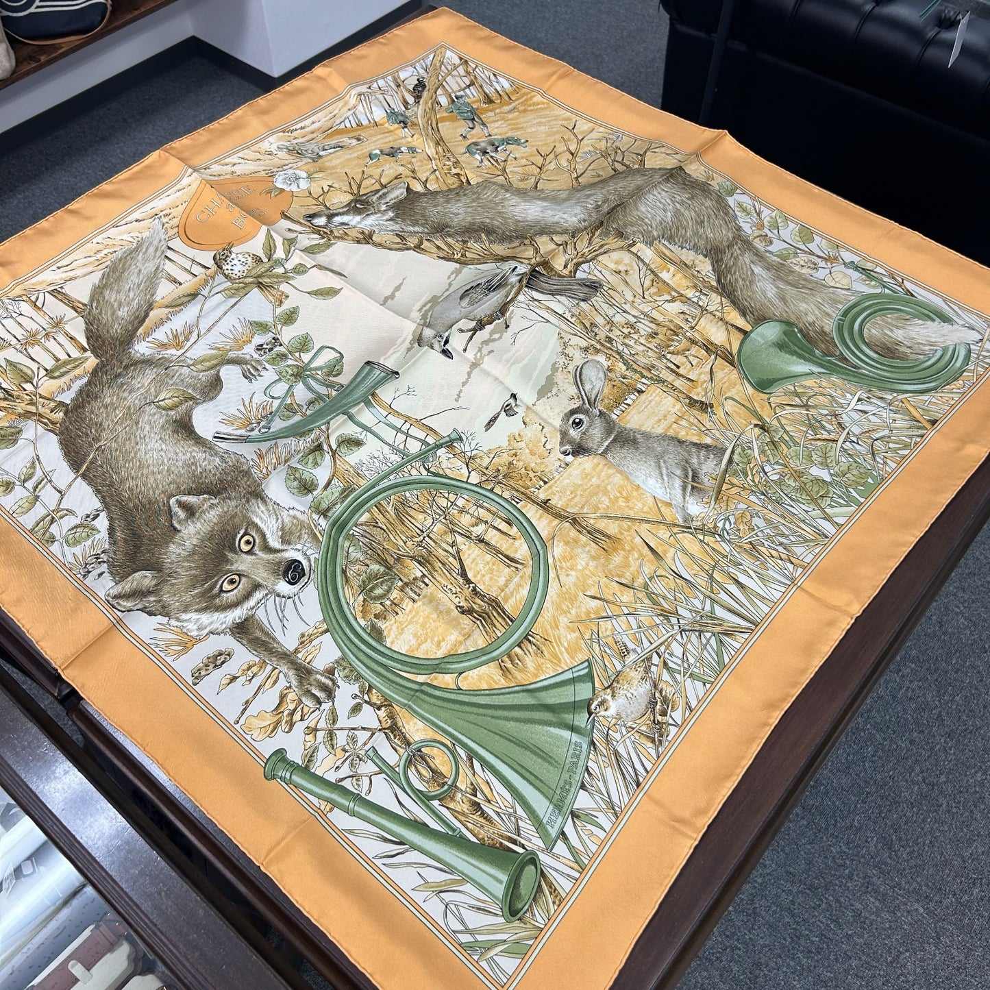 Hermes Carre 90 Yellow Forest Hunting Scarf
