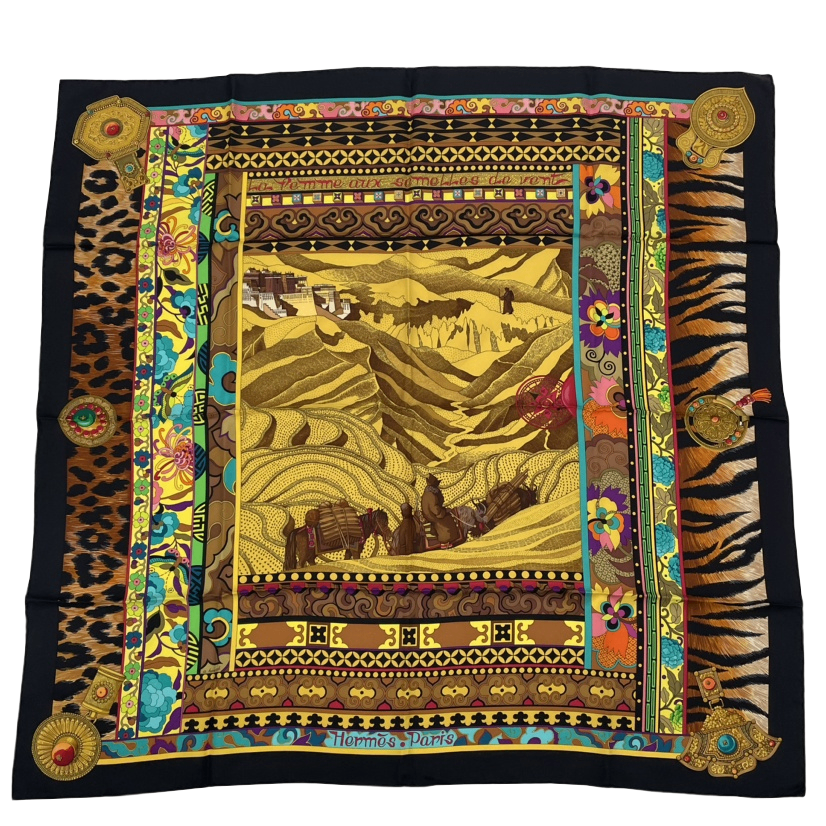 Hermes Carre 90 la Femme Aux Woman with Wind Footpads Scarf Black Multicolor
