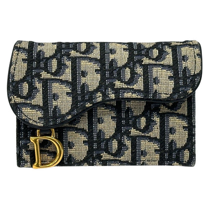 Dior Card Case Oblique Jacquard Canvas Saddle Blue Holder Navy Beige Small