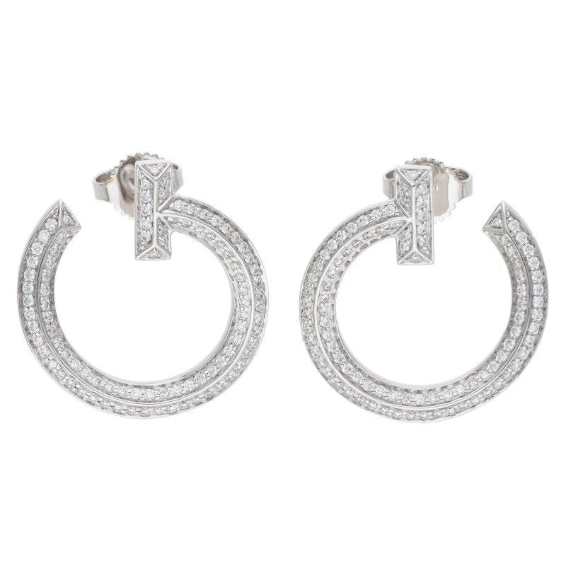 Tiffany & Co T One Open Hoop 18k White Gold Pave Diamond Earrings