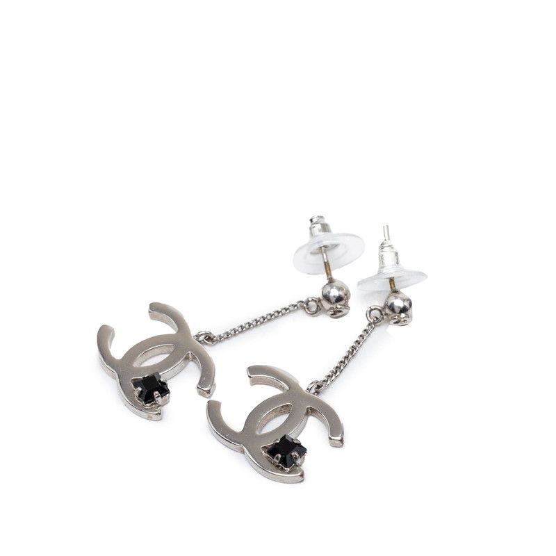 Chanel CC Logo Earrings Silver Black Metal Stone