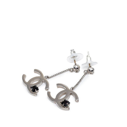 Chanel CC Logo Earrings Silver Black Metal Stone