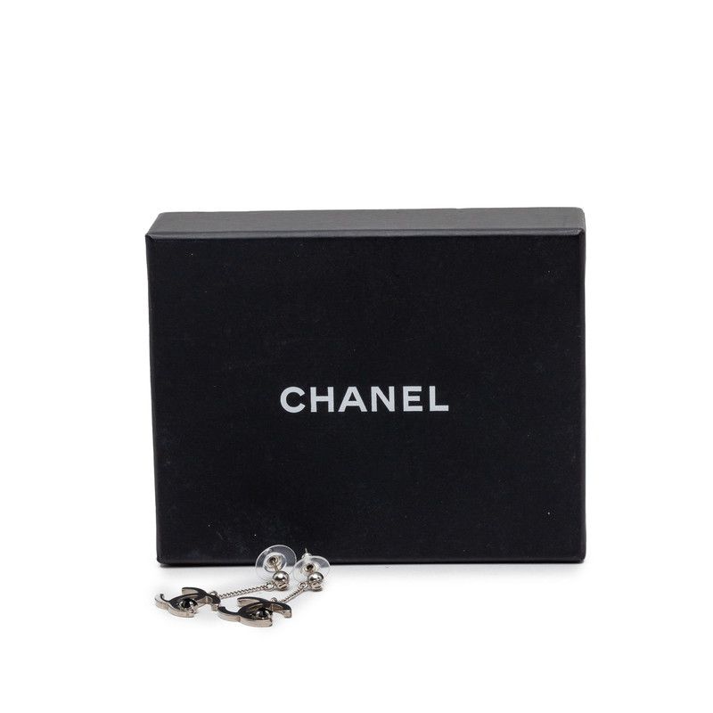 Chanel CC Logo Earrings Silver Black Metal Stone — view 4