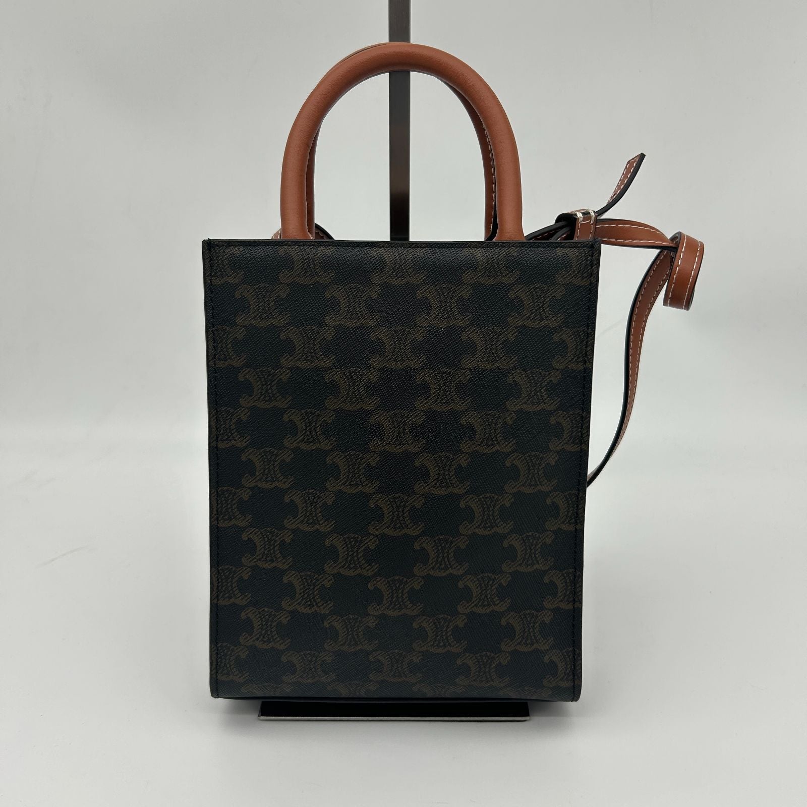 Celine Mini Barty Calcaba 2-Way Shoulder Bag Triomphe Canvas Tan Dark Brown — view 3