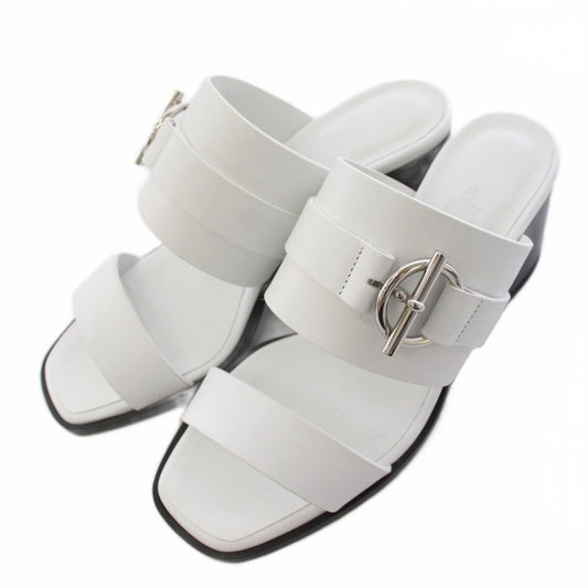 Hermes Glenan Sandals Square Toe Chunky Heels Leather 35 White BB