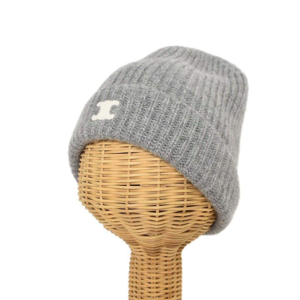 Celine Triomphe Heritage Cashmere Knit Hat Beanie TU Gray