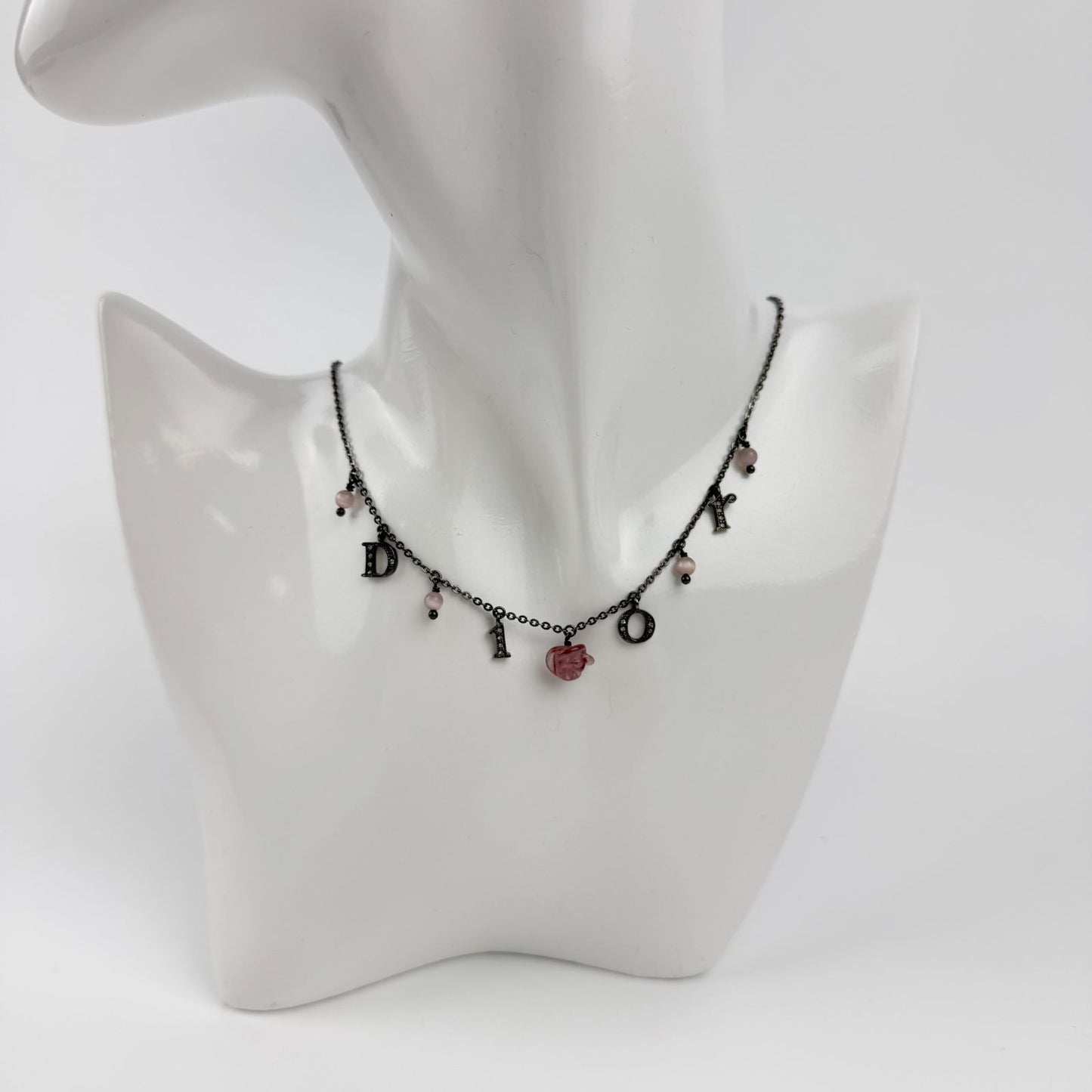 Dior Necklace Metal Rhinestone Silver Pink Vintage