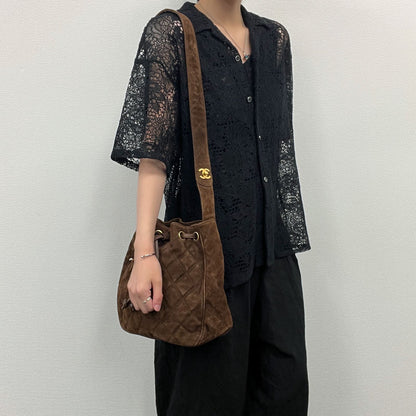 Chanel CC Logo Quilted Shoulder Bag Suede Leather Brown Gold Vintage — view 3