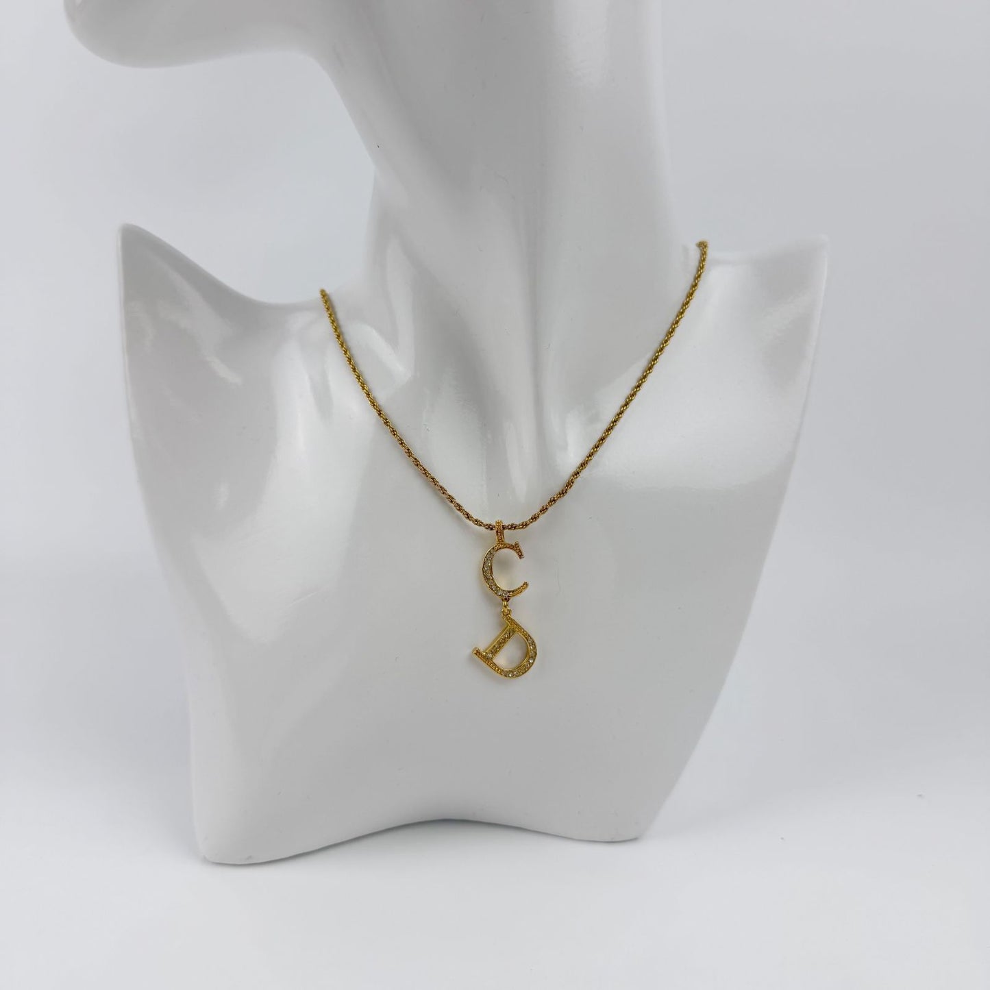 Dior CD Logo Necklace Metal Rhinestone Gold Vintage