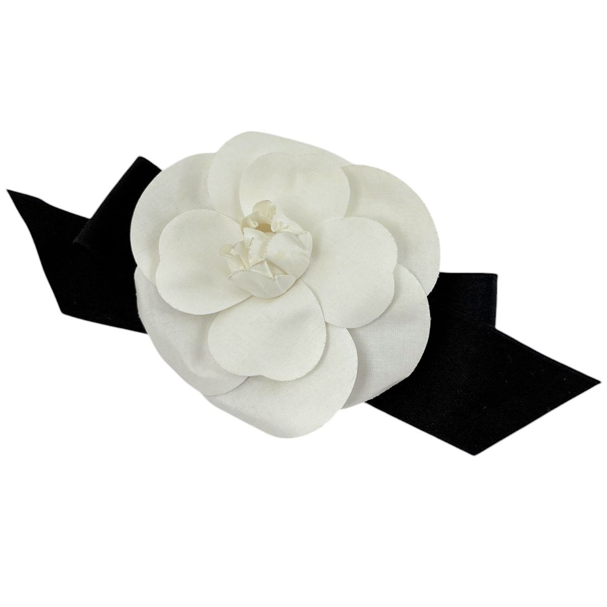 Chanel Camellia Brooch Corsage Flower Ribbon Fabric White Black