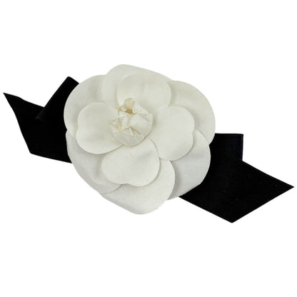 Chanel Camellia Brooch Corsage Flower Ribbon Fabric White Black
