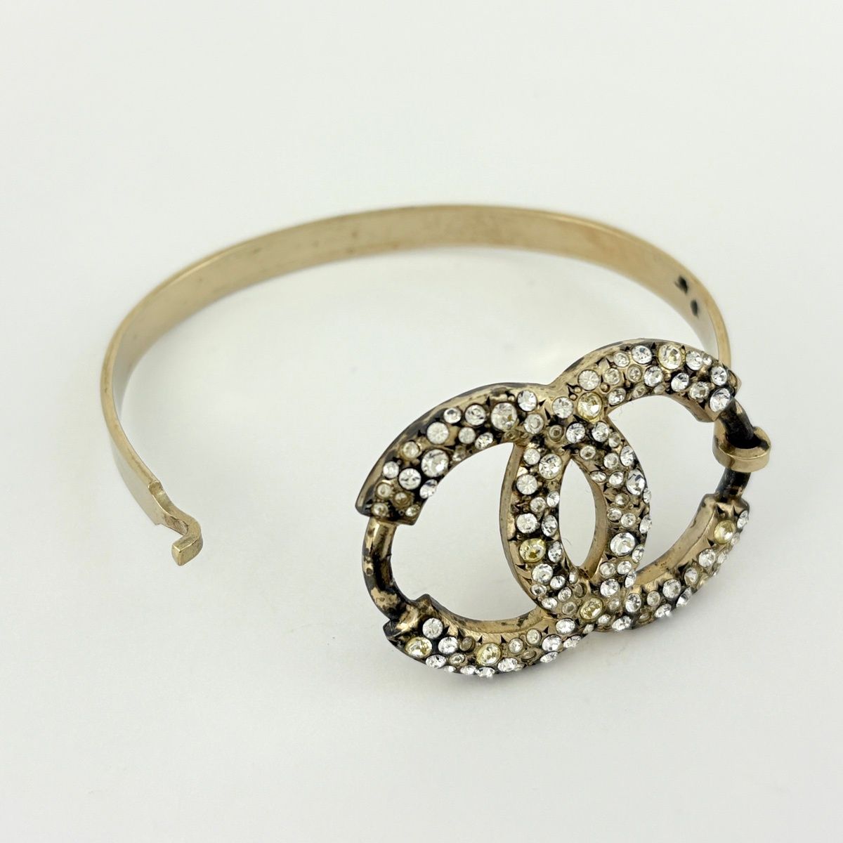 Chanel CC Logo Rhinestone Bangle Silver Plated Bracelet — view 2