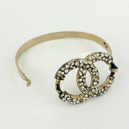 Chanel CC Logo Rhinestone Bangle Silver Plated Bracelet — view 2