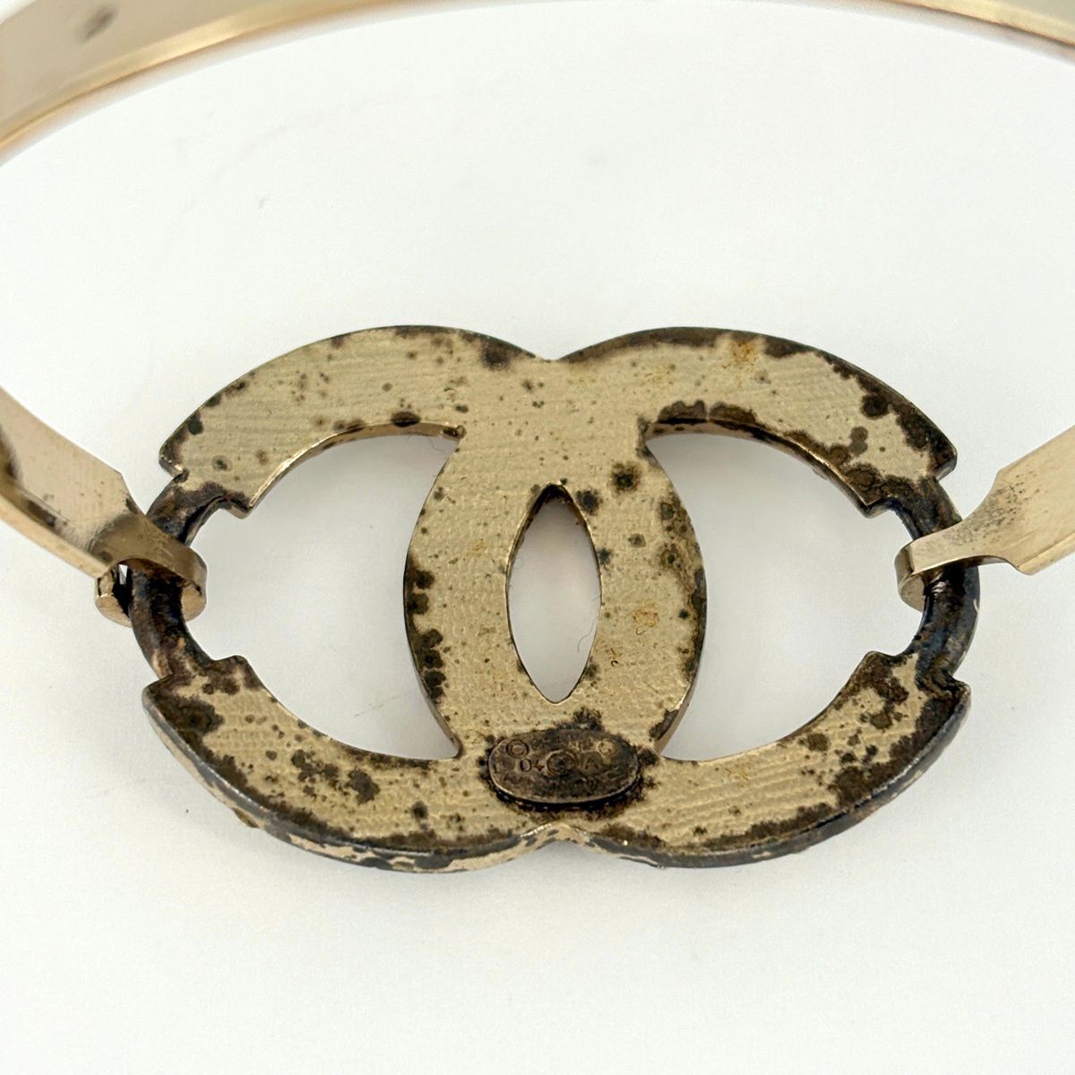 Chanel CC Logo Rhinestone Bangle Silver Plated Bracelet — view 6