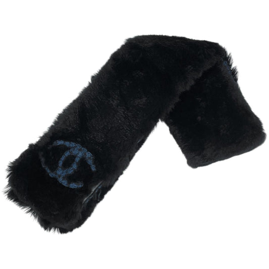 Chanel CC Logo Fur Scarf Shawl Fur Black Blue