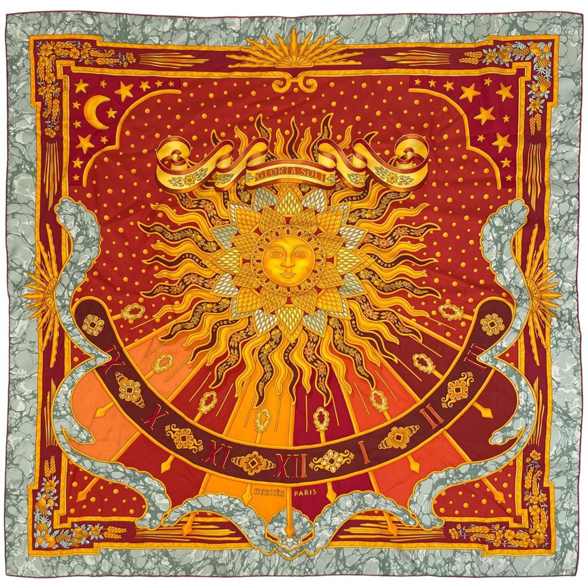 Hermes Carre 90 Carpe Diem Enjoy Your Day Scarf Silk Orange Multicolor