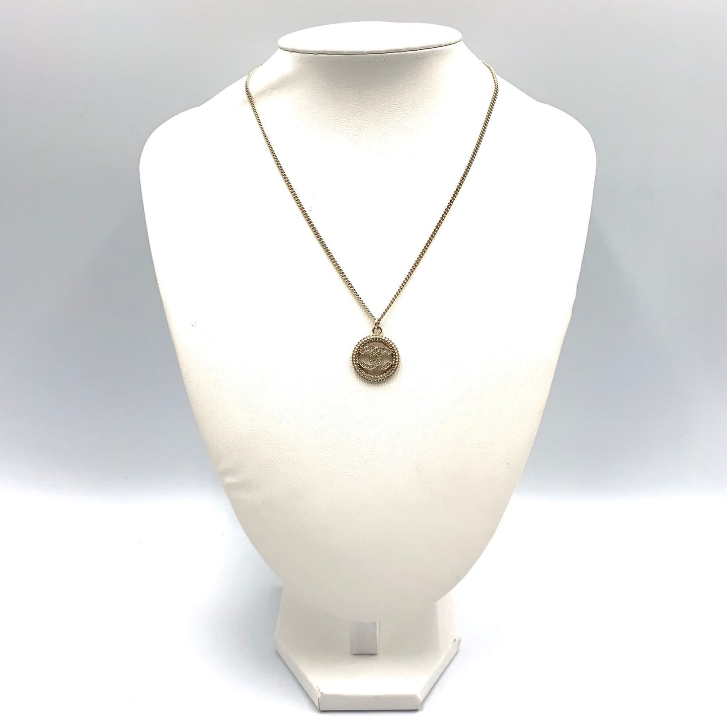 Chanel CC Logo Rhinestone Metal Color Stone Clear Gold Necklace — view 8