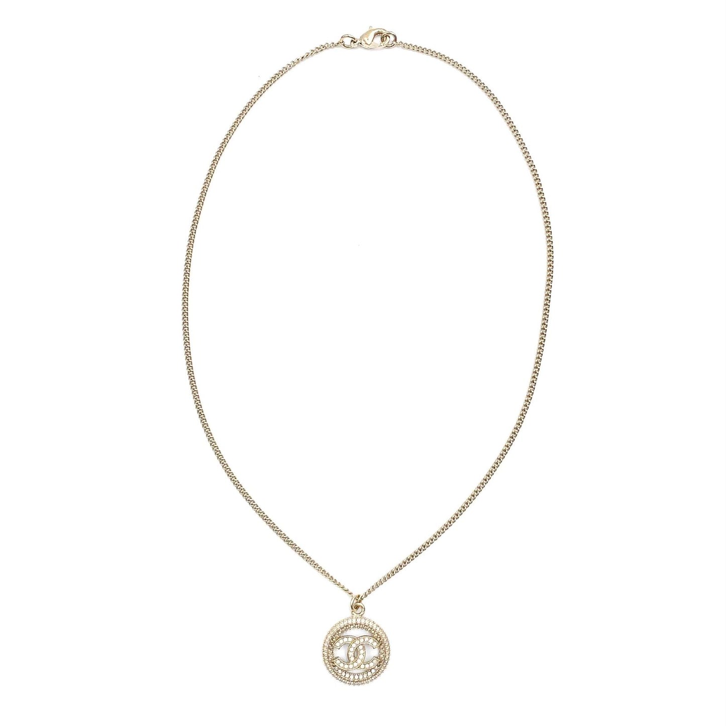 Chanel CC Logo Rhinestone Metal Color Stone Clear Gold Necklace — view 3