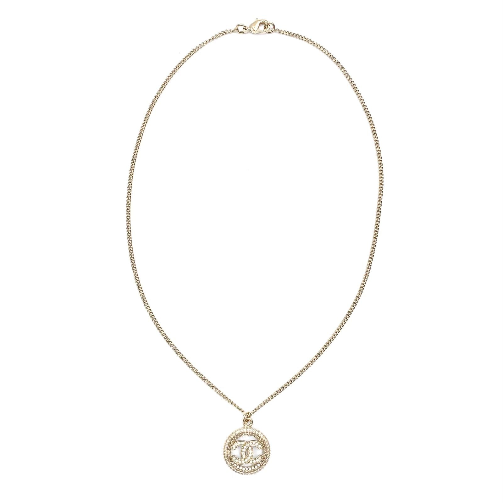 Chanel CC Logo Rhinestone Metal Color Stone Clear Gold Necklace — view 3