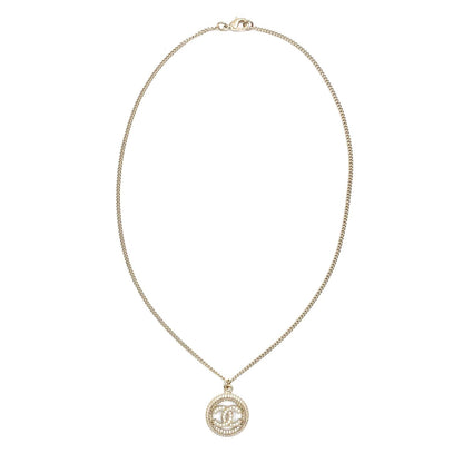 Chanel CC Logo Rhinestone Metal Color Stone Clear Gold Necklace — view 3