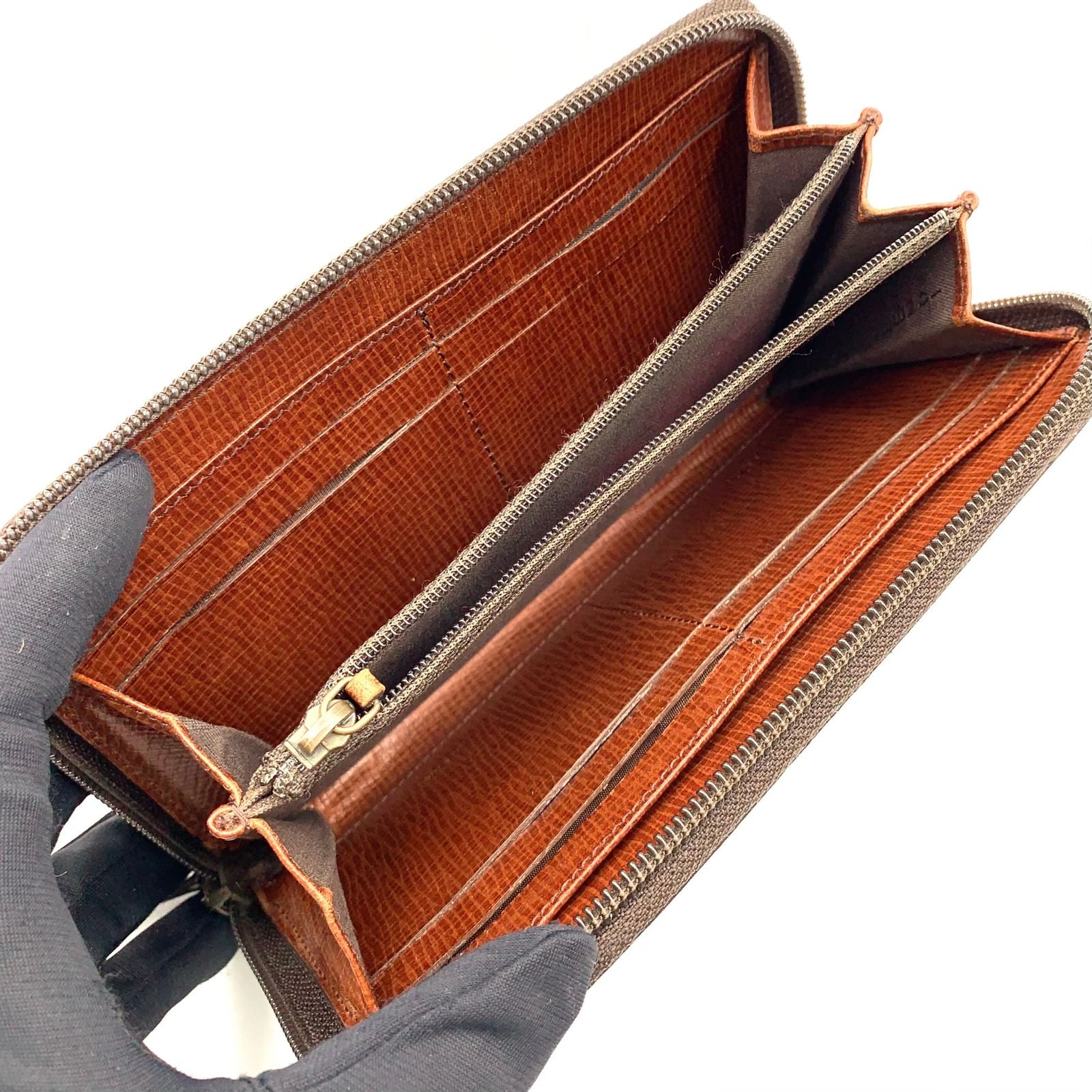 Fendi Zucca Pattern Zip Around Leather Khaki Brown Dark Wallet Gold — view 3