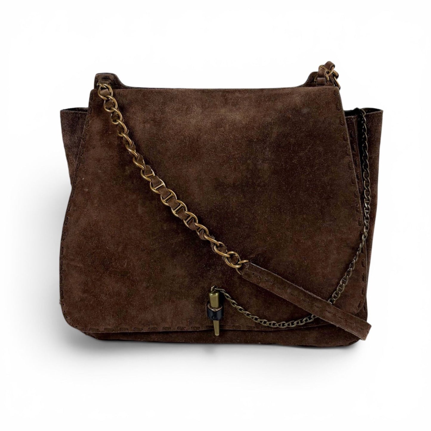 Prada Toggle Closure Chain Shoulder Bag Hobo Brown Suede Leather