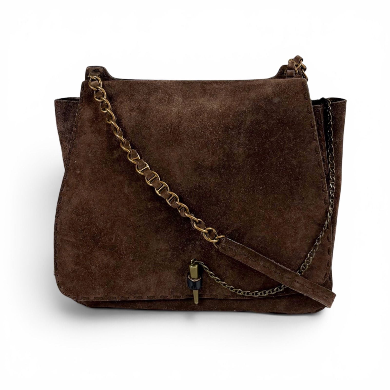Prada Toggle Closure Chain Shoulder Bag Hobo Brown Suede Leather