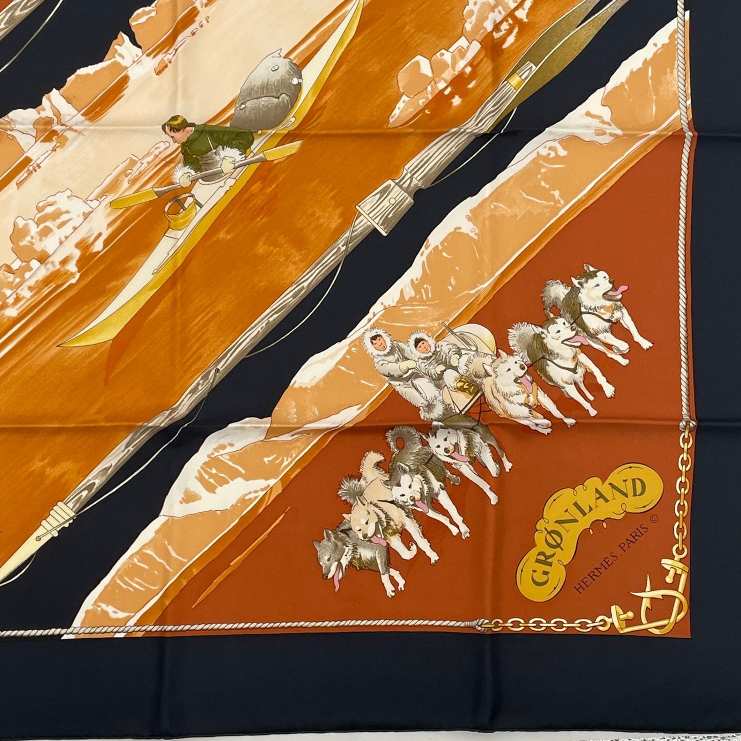 Hermes Carre 90 Gronland Green Land Eskimo Dog Sled Silk Scarf Black — view 3