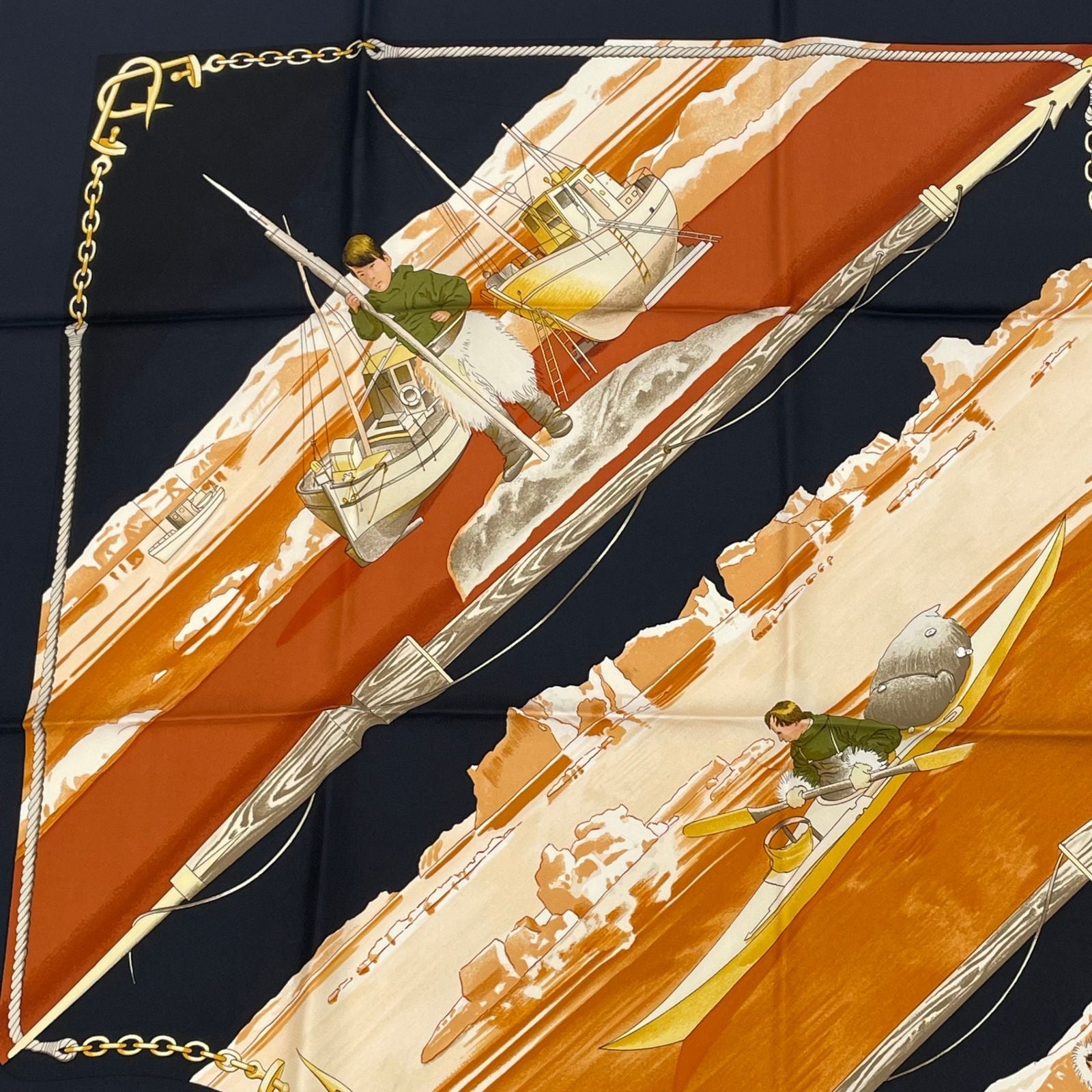 Hermes Carre 90 Gronland Green Land Eskimo Dog Sled Silk Scarf Black — view 2