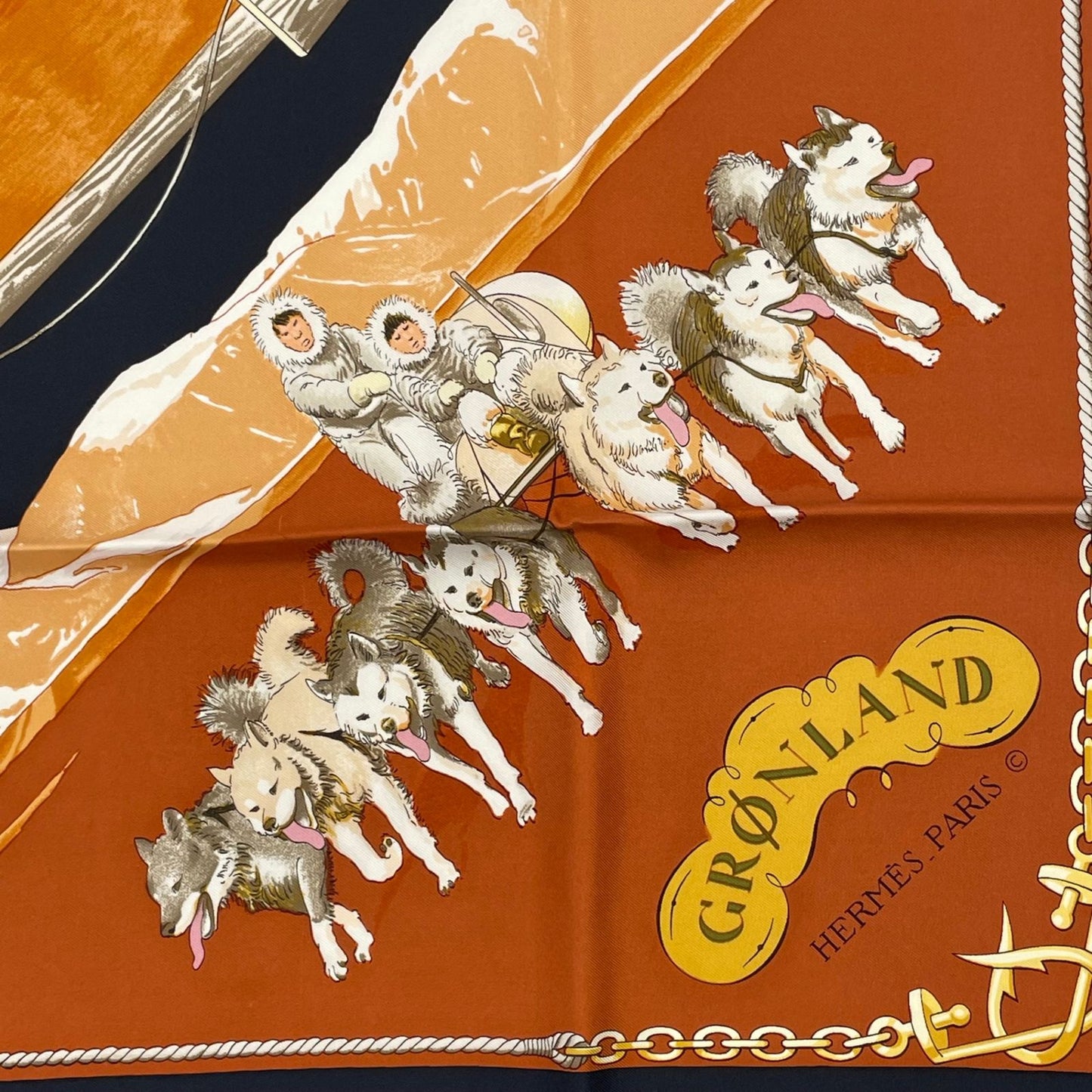 Hermes Carre 90 Gronland Green Land Eskimo Dog Sled Silk Scarf Black — view 6