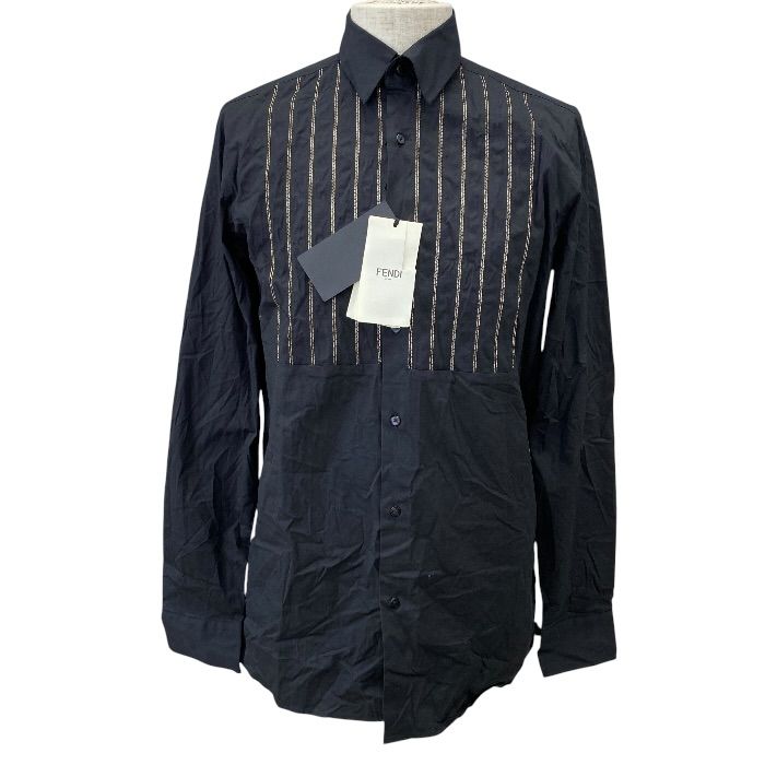 Fendi Long Sleeve Striped Shirt Long Top Cotton Polyurethane Black Gold