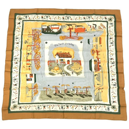 Hermes Carre 90 RE Tour a la Terre Return Yellow Silk 100% Scarf