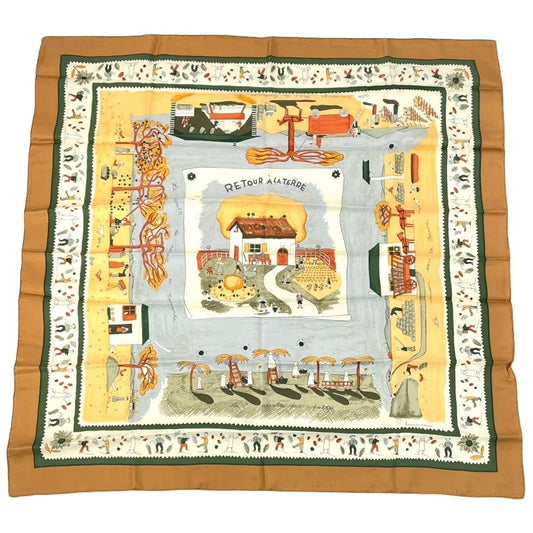 Hermes Carre 90 RE Tour a la Terre Return Yellow Silk 100% Scarf