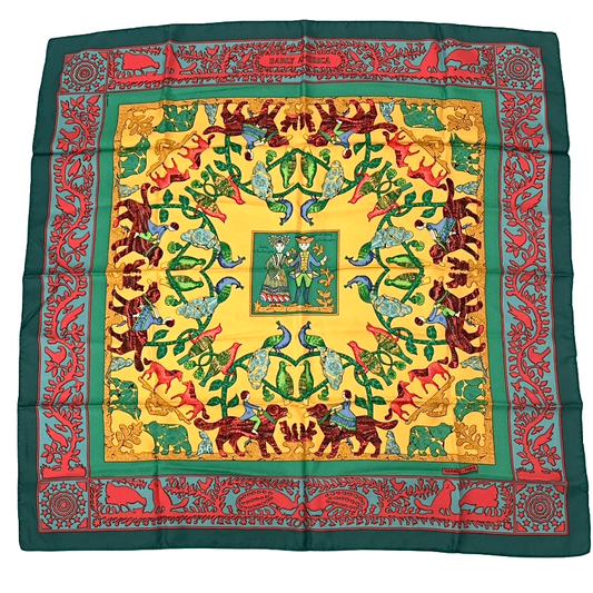 Hermes Early America Carre 90 Scarf Green Multicolor Silk