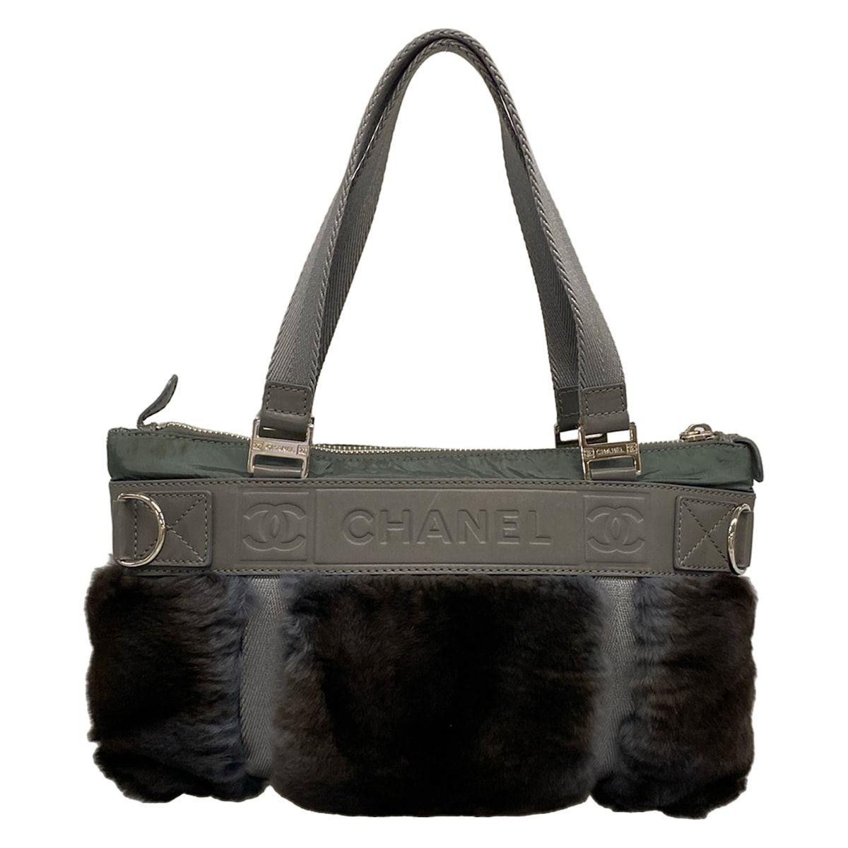 Chanel Handbag Sports Line Gray Green Silver Leather Fur Rabbit