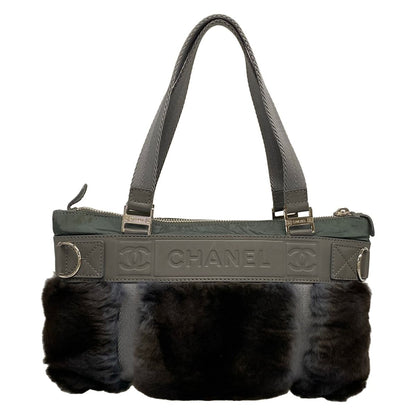 Chanel Handbag Sports Line Gray Green Silver Leather Fur Rabbit