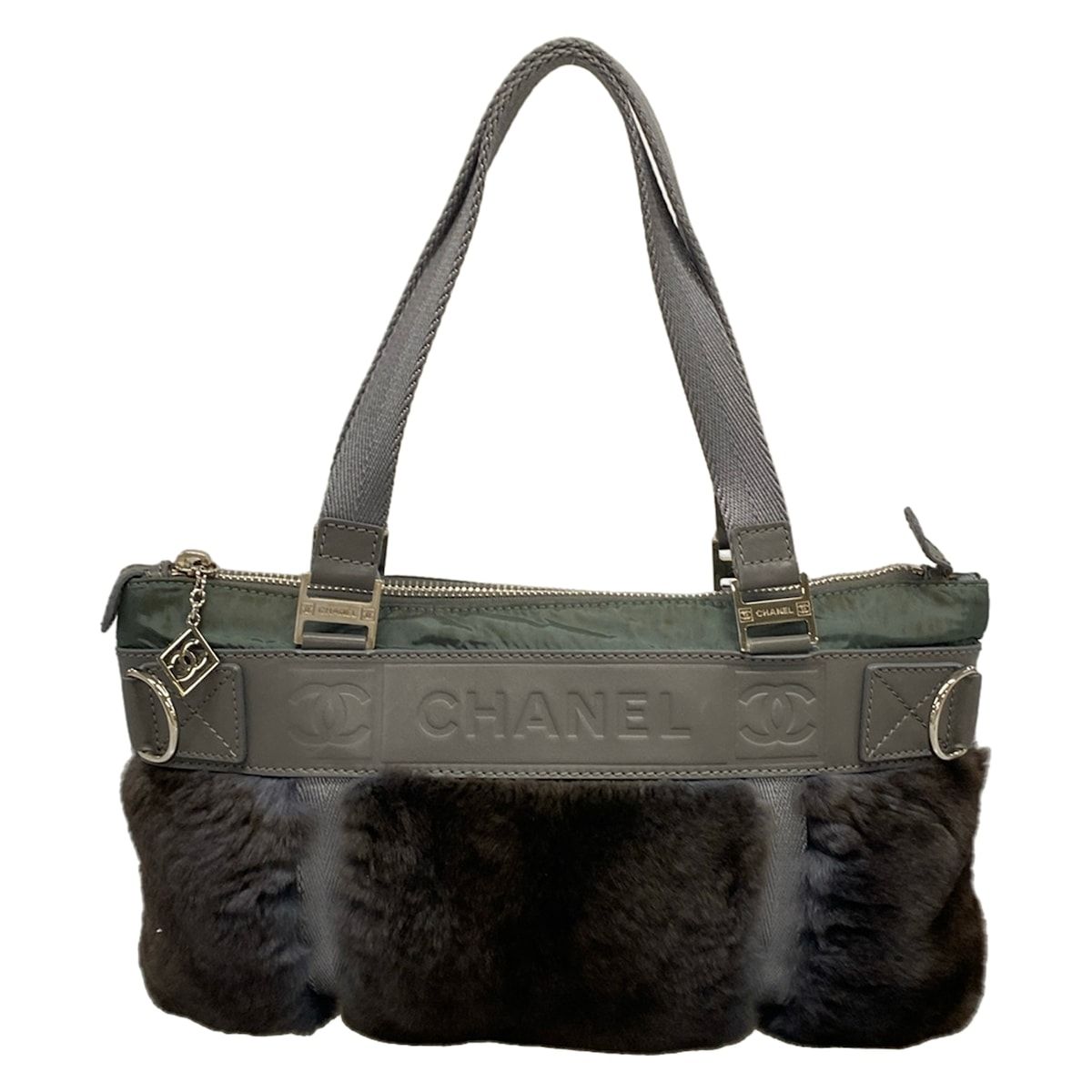 Chanel Handbag Sports Line Gray Green Silver Leather Fur Rabbit — view 3