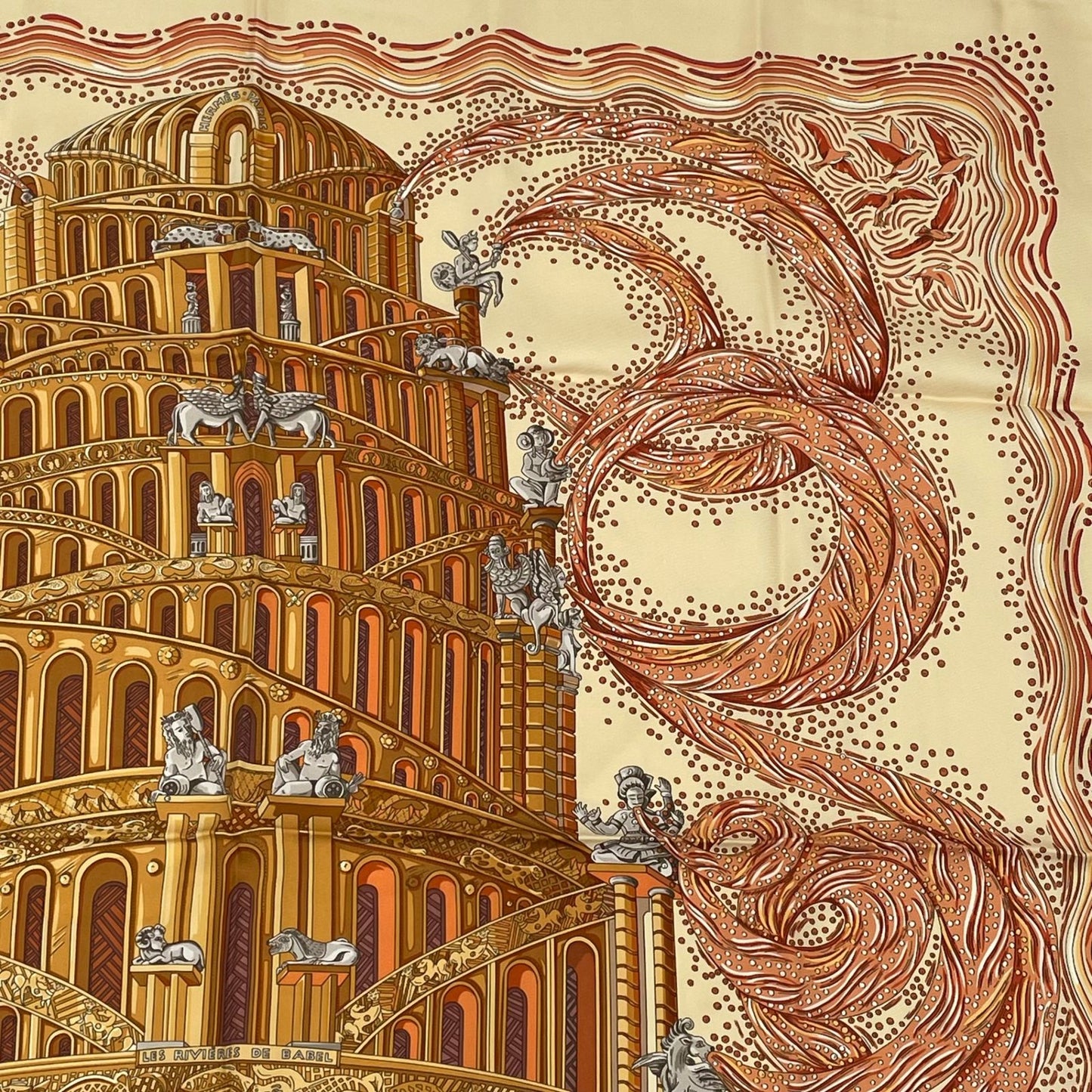 Hermes Carre 90 les Rivieres de Babel River of Scarf Silk 100% Beige — view 5
