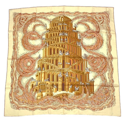 Hermes Carre 90 les Rivieres de Babel River of Scarf Silk 100% Beige
