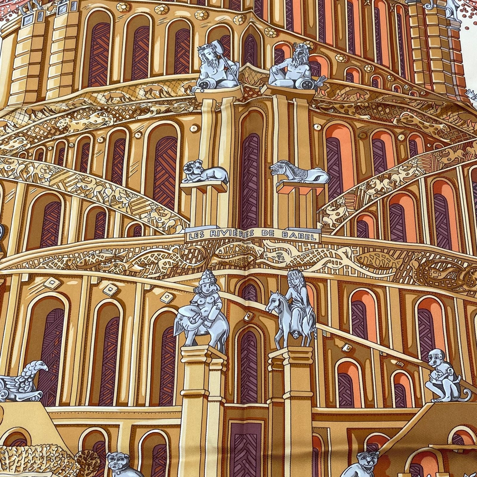 Hermes Carre 90 les Rivieres de Babel River of Scarf Silk 100% Beige — view 6