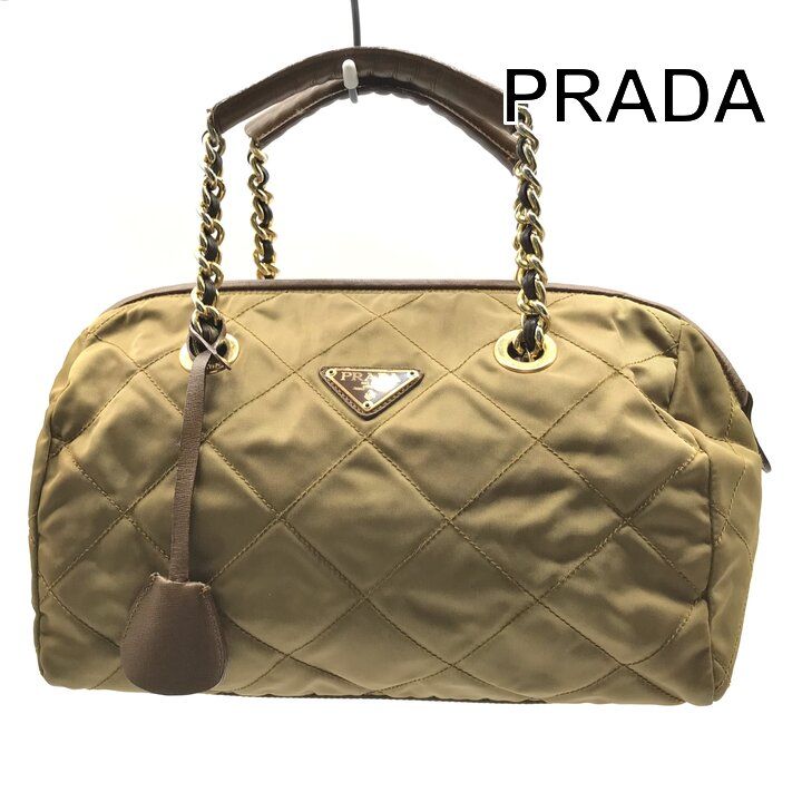 Prada Nylon Tessuto Triangle Logo Quilted Mini Boston Chain Hand Bag Brown