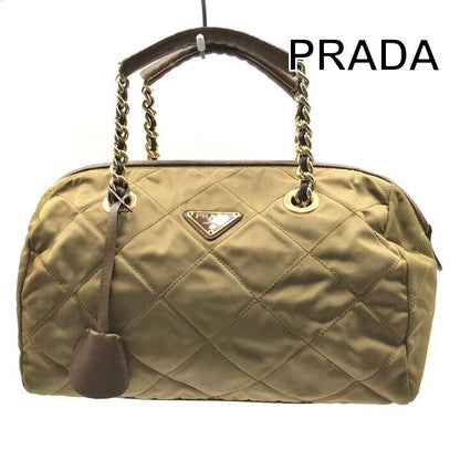 Prada Nylon Tessuto Triangle Logo Quilted Mini Boston Chain Hand Bag Brown