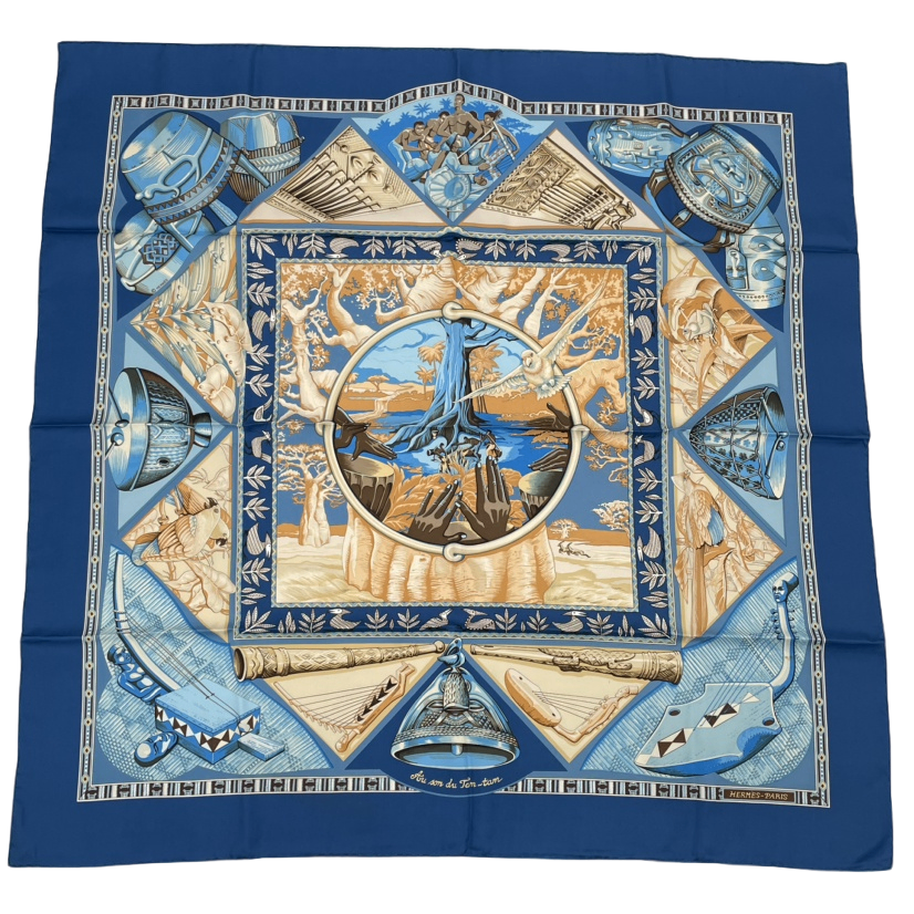 Hermes Scarf Carre 90 Au Son du Tam Silk Blue