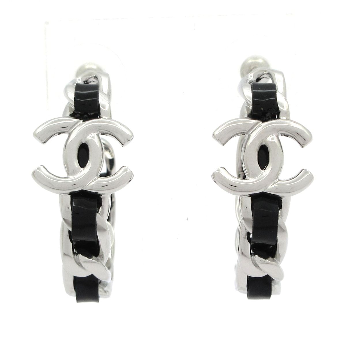 Chanel Earrings CC Logo Silver Black Hoop Chain